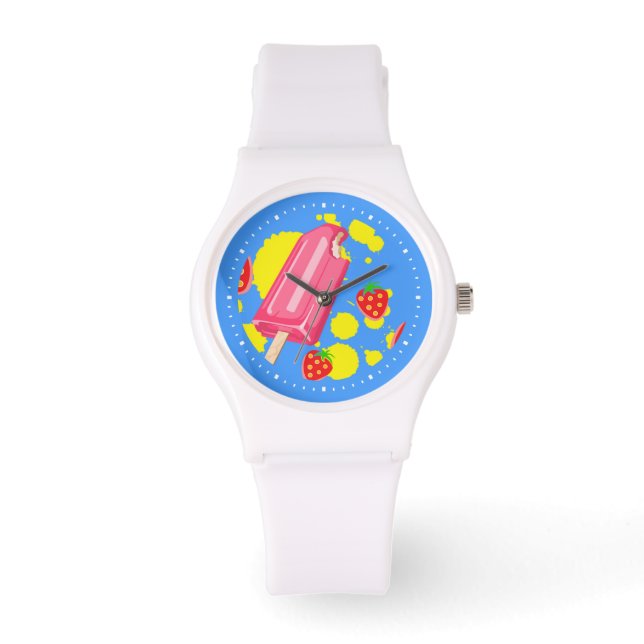 Illustratie vun roze papegaai en aardbeien horloge (Voorkant)
