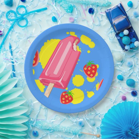 Illustratie vun roze papegaai en aardbeien papieren bordje (Feest)