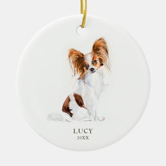Illustratie Waterverf Papillon Pet Dog Aangepast Keramisch Ornament (Voorkant)