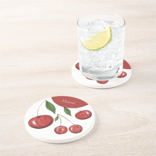 Illustratie Waterverf zoete kersen Monogrammed Zandsteen Onderzetter (Zijkant)