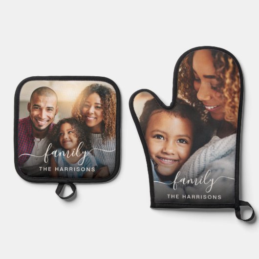 Illustratie wit script foto overlay monogram ovenwant & pannenlap set (Voorkant)