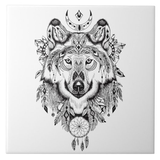 Illustratie Wolf Dream catcher Tegeltje (Voorkant)