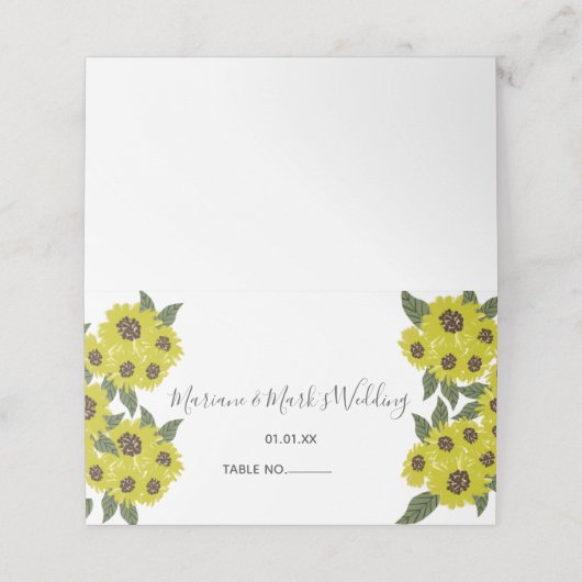 Illustratie zonnebloem Botanische bruiloft Geel Plaatskaartje (Buitenkant ongevouwen)