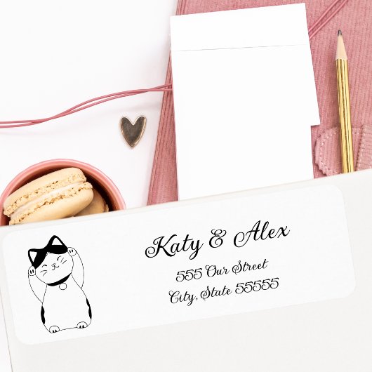 Illustratie zwart-wit Lucky Cat Maneki Neko Etiket