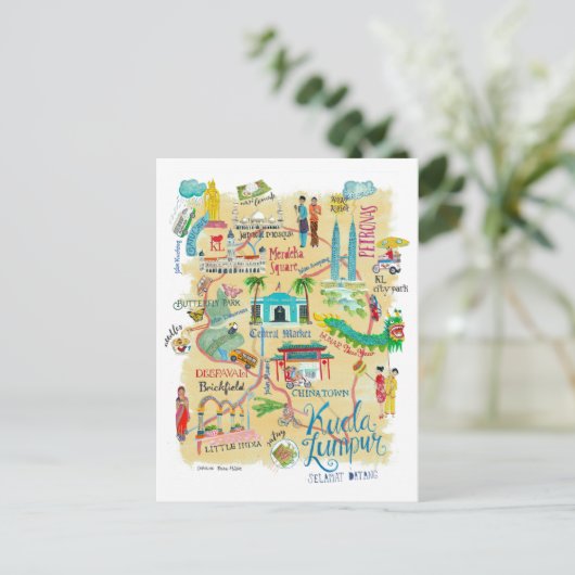 Illustratief Gele reiskaart Kuala Lumpur Briefkaart (Staand voorkant)