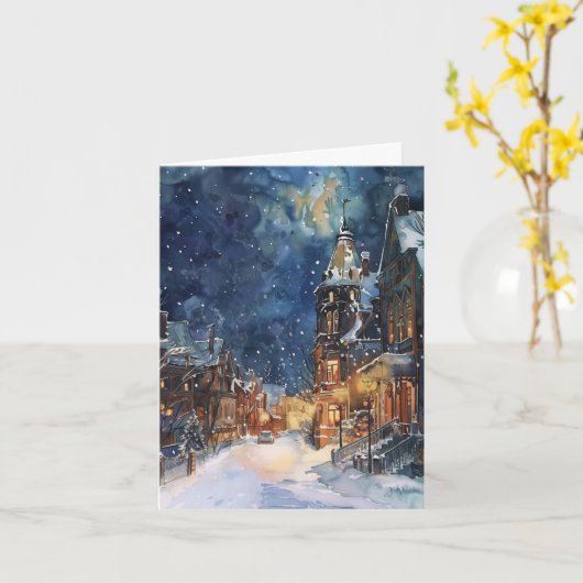 Illustratief kerstdorp in sneeuwnacht kaart (Gele Bloem)