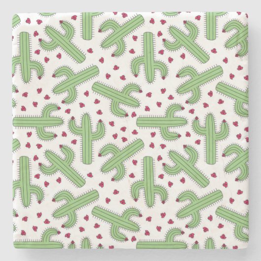 Illustratief patroon Cactus & Roze bloemen Stenen Onderzetter (Voorkant)