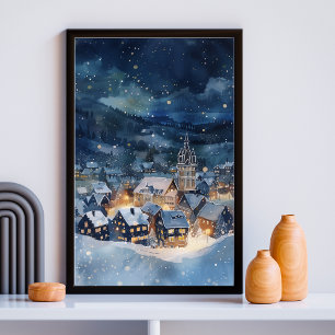 Illustratief van nacht hemel Dorp in sneeuw Perfect Poster