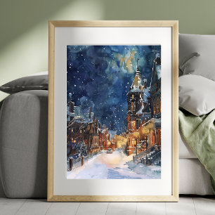 Illustratief voor Village in Snow Night Perfect Poster