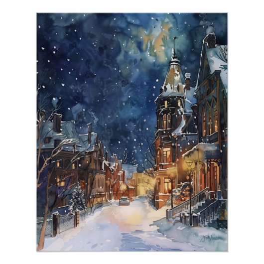 Illustratief voor Village in Snow Night Perfect Poster (Voorkant)