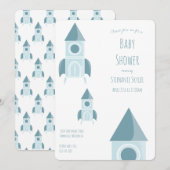 Illustratief White Blue Rocket Ship Baby shower Kaart (Voorkant / Achterkant)