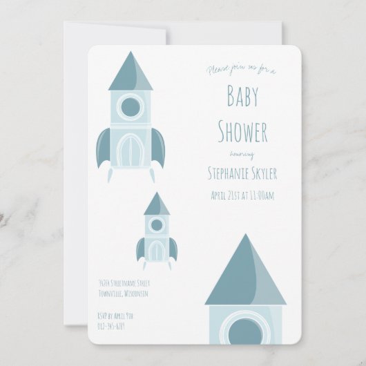 Illustratief White Blue Rocket Ship Baby shower Kaart (Voorkant)