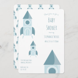 Illustratief White Blue Rocket Ship Baby shower Kaart