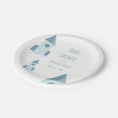 Illustratief White Blue Rocket Ship Baby shower Papieren Bordje (Gekanteld)