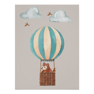 Illustratieposter met beer in hete luchtballon perfect poster