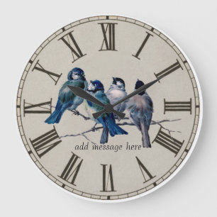 Illustraties met blauwe vogels uit vroeger tijden grote klok