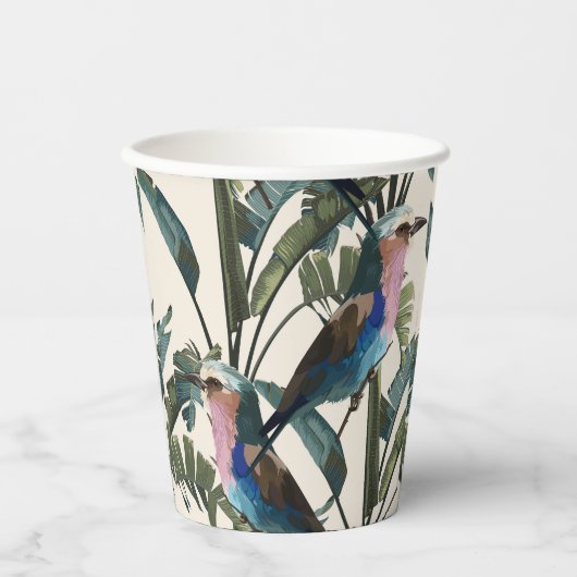 Illustraties van exotische bananen, bladeren, voge papieren bekers (Voorkant)