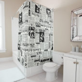 Illustraties van kranten met voorpaginakantiewerk douchegordijn (In situ)