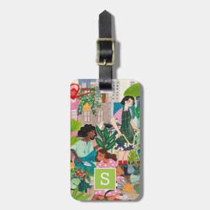 Illustraties van stads tuinieren meisje bagagelabe bagagelabel