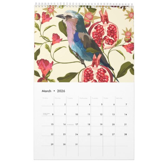 Illustraties van tropische bloemen, planten, vogel kalender (Mar 2026)