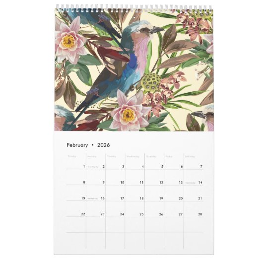 Illustraties van tropische bloemen, planten, vogel kalender (Feb 2026)