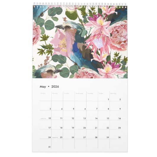 Illustraties van tropische bloemen, planten, vogel kalender (Mei 2026)