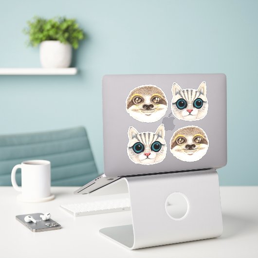Illustraties van Waterverf met sleuf en kattengezi Sticker (Laptop op bureau)