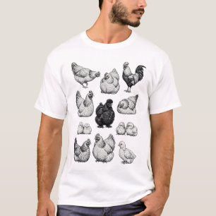 Illustratieset met vintage boerderijkippen t-shirt