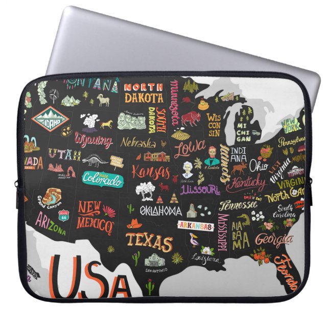 Illustratieve kaart van de Verenigde Staten. Poste Laptop Sleeve (Voorkant)