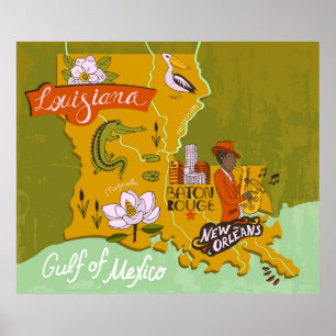 Illustratieve kaart van Louisiana, Verenigde State Poster