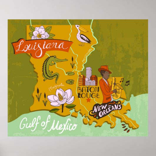 Illustratieve kaart van Louisiana, Verenigde State Poster (Voorkant)