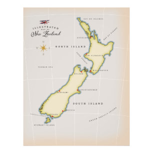 Illustratieve kaart van Nieuw-Zeeland Foto Afdruk