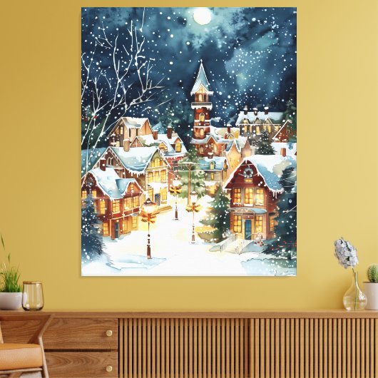 Illustratieve kerststad in de sneeuw canvas afdruk (Insitu (Woonkamer))