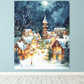 Illustratieve kerststad in de sneeuw canvas afdruk (Insitu (Houten vloer))