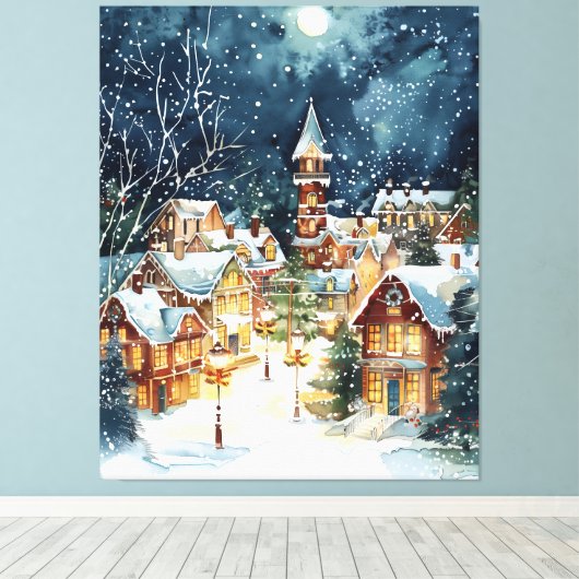 Illustratieve kerststad in de sneeuw canvas afdruk (Insitu (Houten vloer))