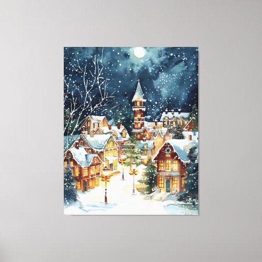 Illustratieve kerststad in de sneeuw canvas afdruk (Voorkant)
