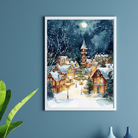 Illustratieve kerststad in de sneeuw poster