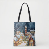 Illustratieve kerststad in de sneeuw tote bag (Voorkant)