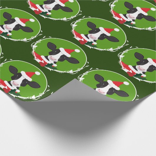 Illustratieve Koe Santa Hat Green Novelty Kerstmis Cadeaupapier (Hoek)