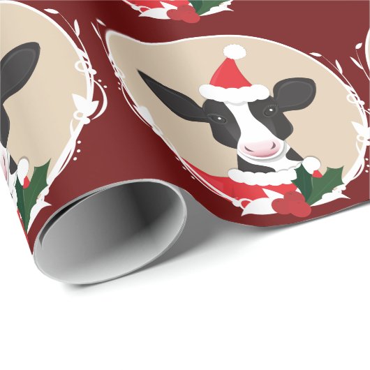 Illustratieve Koe Santa Hat Novelty Kerstmis Cadeaupapier (Rol Hoek)