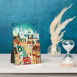 Illustratieve Londense stad in de sneeuwkerscooter Fotoplaat