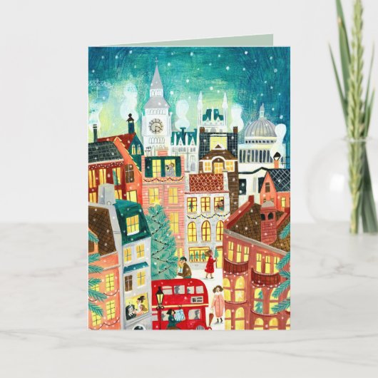 Illustratieve Londense stad in de sneeuwkerst Feestdagen Kaart (Voorkant)