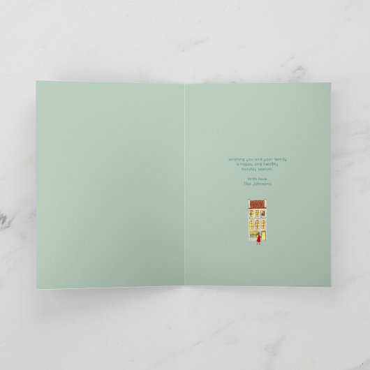 Illustratieve Londense stad in de sneeuwkerst Feestdagen Kaart (Binnen)