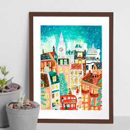 Illustratieve Londense stad in de sneeuwkerst Poster