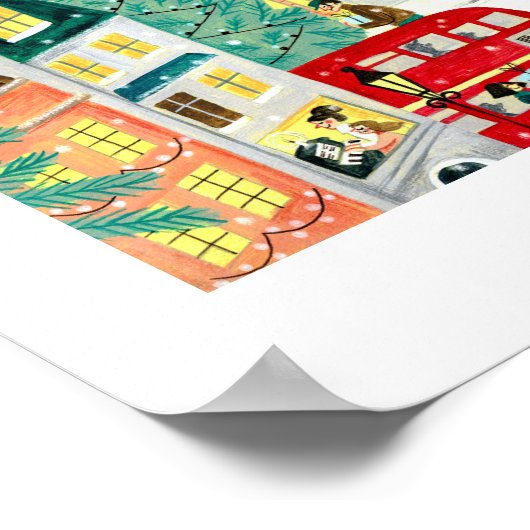 Illustratieve Londense stad in de sneeuwkerst Poster (Hoek)