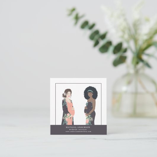 Illustratieve moedervlek: kleurrijk + bloem-vroedv vierkante visitekaartje (Staand voorkant)
