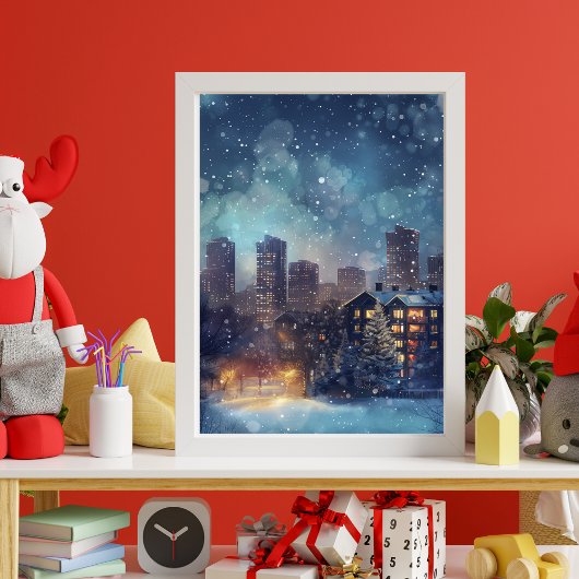 Illustratieve New York stad in de sneeuw nacht Canvas Afdruk