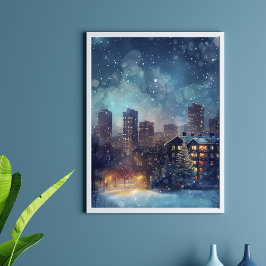 Illustratieve New York stad in de sneeuw nacht Perfect Poster
