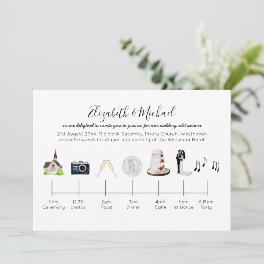 Illustratieve tijdlijn voor Waterverf Church Weddi Kaart (Staand voorkant)