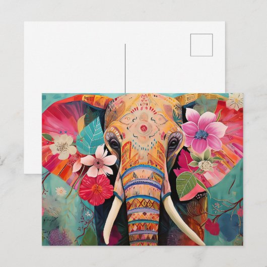 Illustration bunter Elefant mit Blumen Briefkaart (Voorkant / Achterkant)